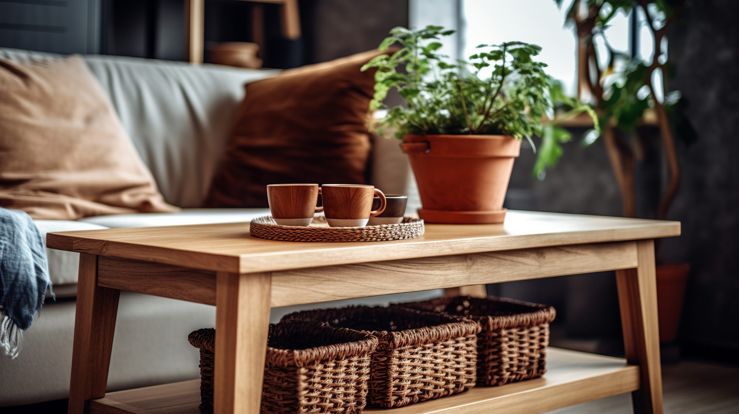 Interior of modern living room with wooden coffee table, sofa and plants